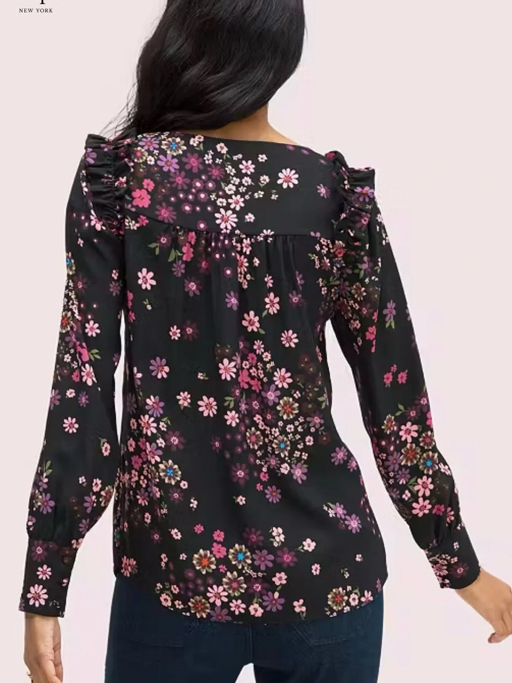 kate spade Bora Floral Black V-Neck Ruffle-Shoulder Blouse